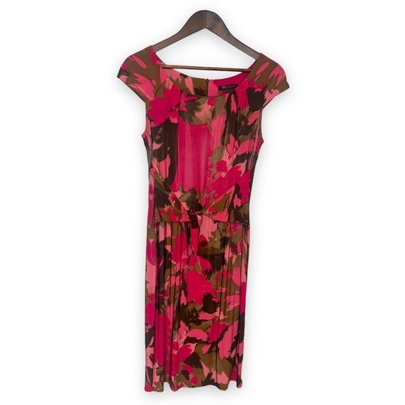 David Meister Dresses & Skirts - David Meister Pink & Brown Floral Cap Sleeve Scoop Neck Tie-Front Sheath Dress S